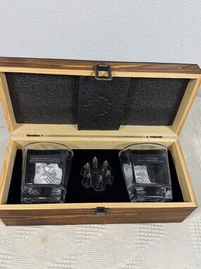 Whiskey Glass Gift Set w Bullet Shaped Chillers &  John Wayne Quotes In Wood Box
